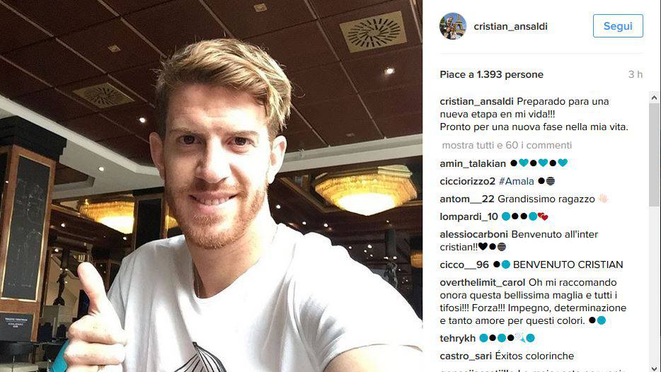 Inter, Cristian Ansaldi (foto Instagram)