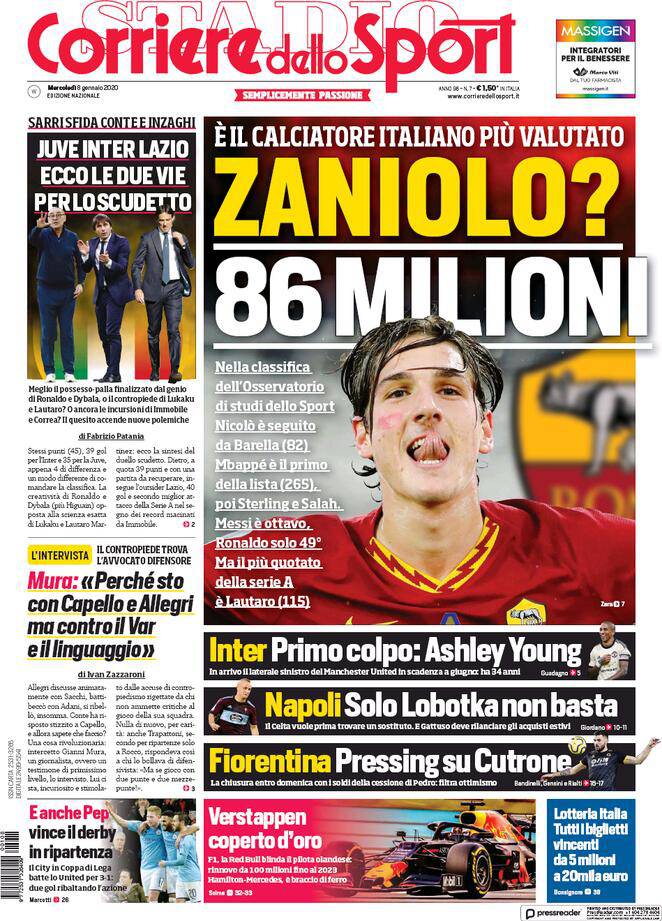 Corriere dello Sport | I titoli sull'Inter dell'8 gennaio