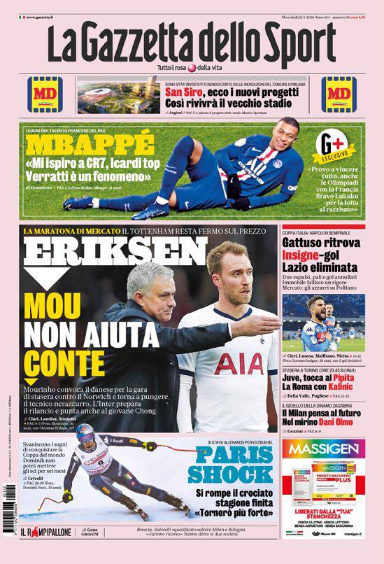 Gazzetta dello Sport - I titoli sull'Inter del 22 gennaio