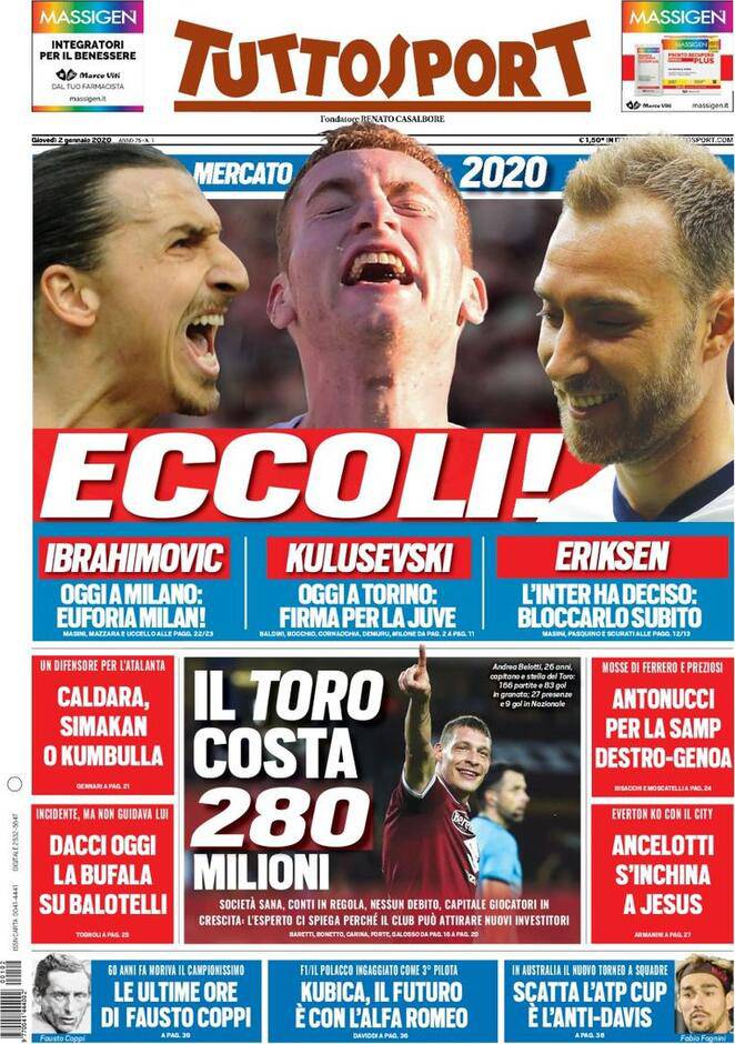Tuttosport I titoli sull'Inter del 2 gennaio