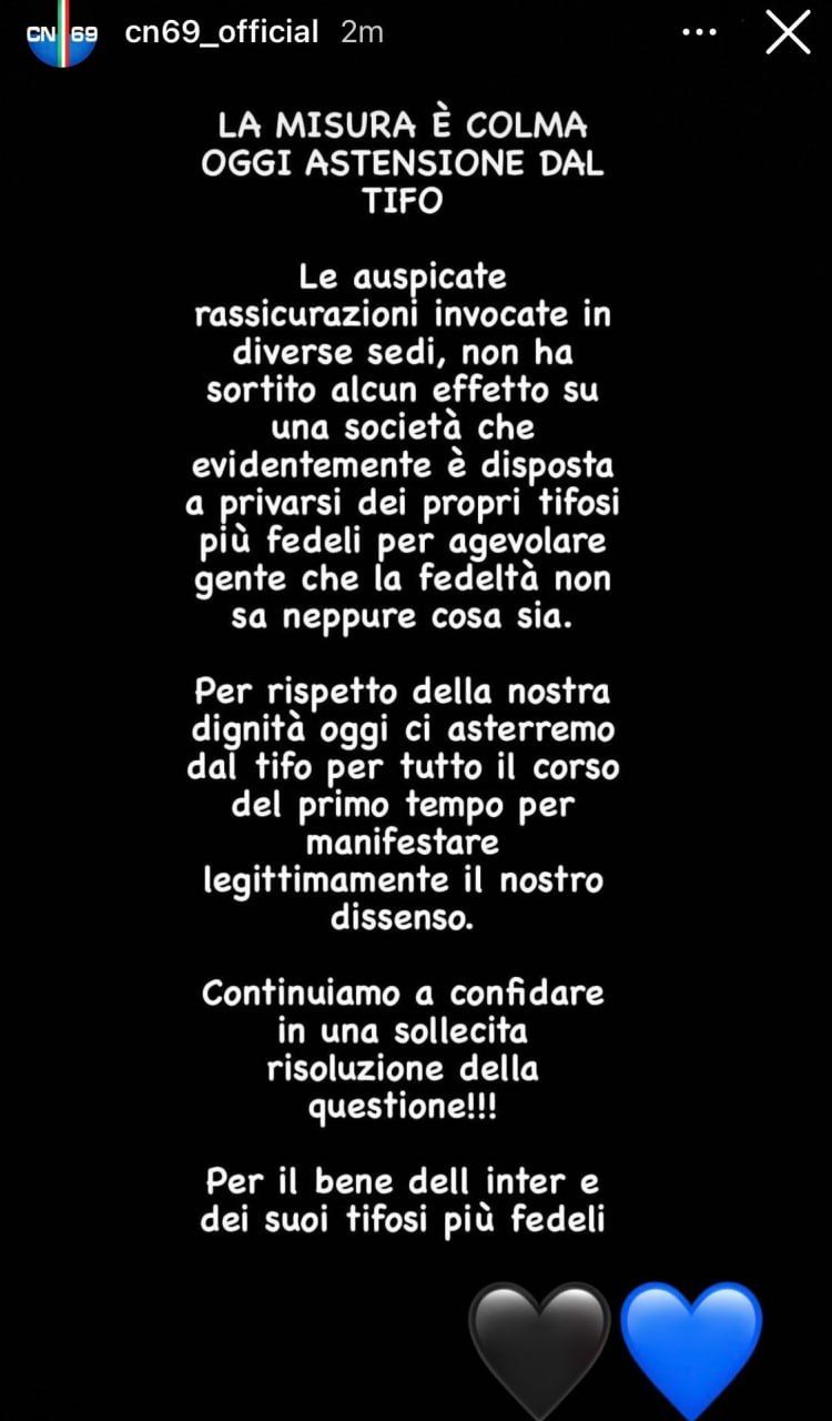 Il comunicato della Nord per Fiorentina-Inter