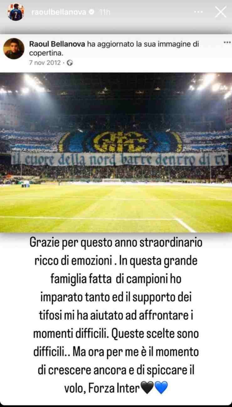 Bellanova ringrazia l'Inter su Instagram