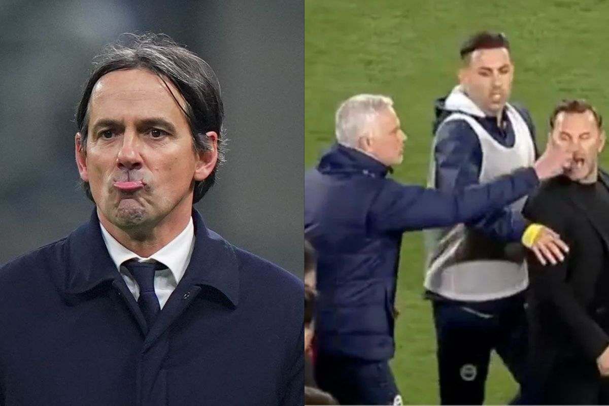 Simone Inzaghi e Mourinho che tira il naso di Buruk