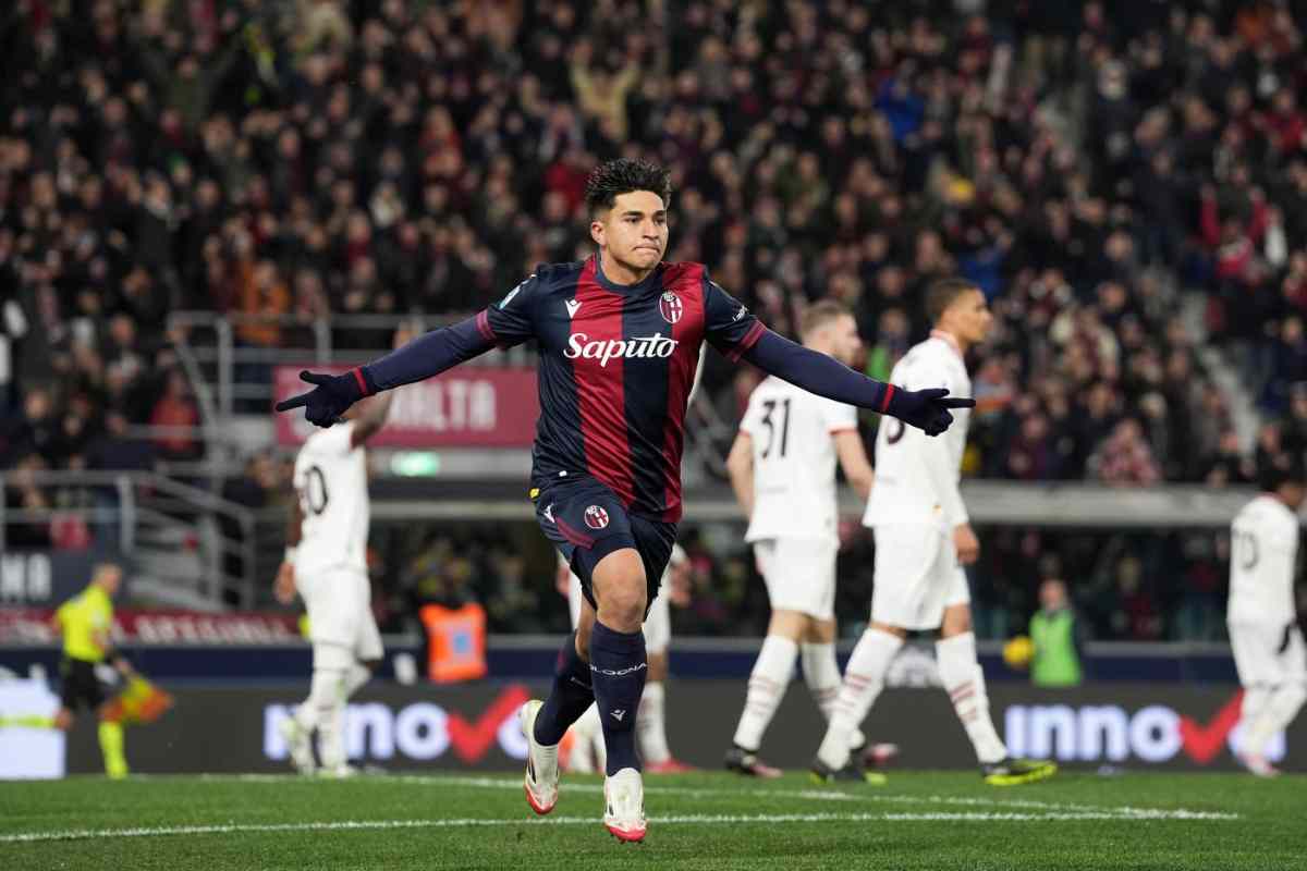 Santiago Castro esulta dopo il gol segnato al Milan