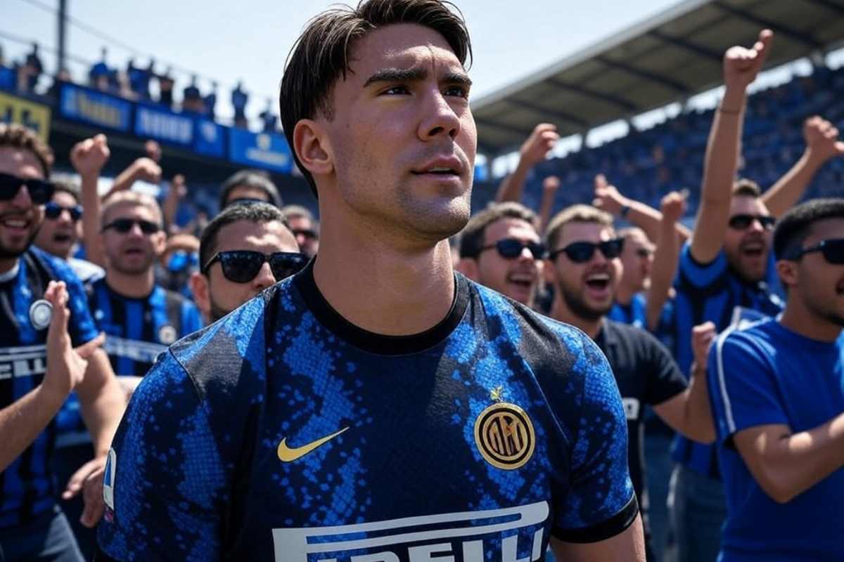 Dusan Vlahovic in mezzo ai tifosi dell'Inter: foto AI