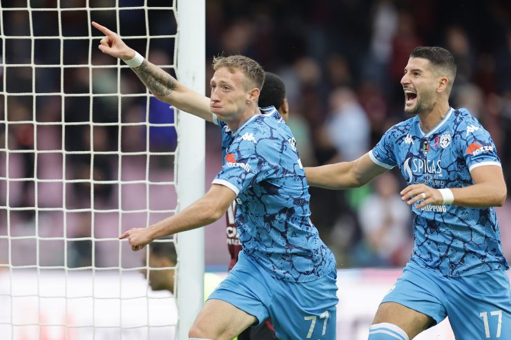 L'esultanza di Nicolò Bertola dopo il gol contro la Salernitana