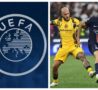 Logo UEFA e Dimarco in PSG-Inter