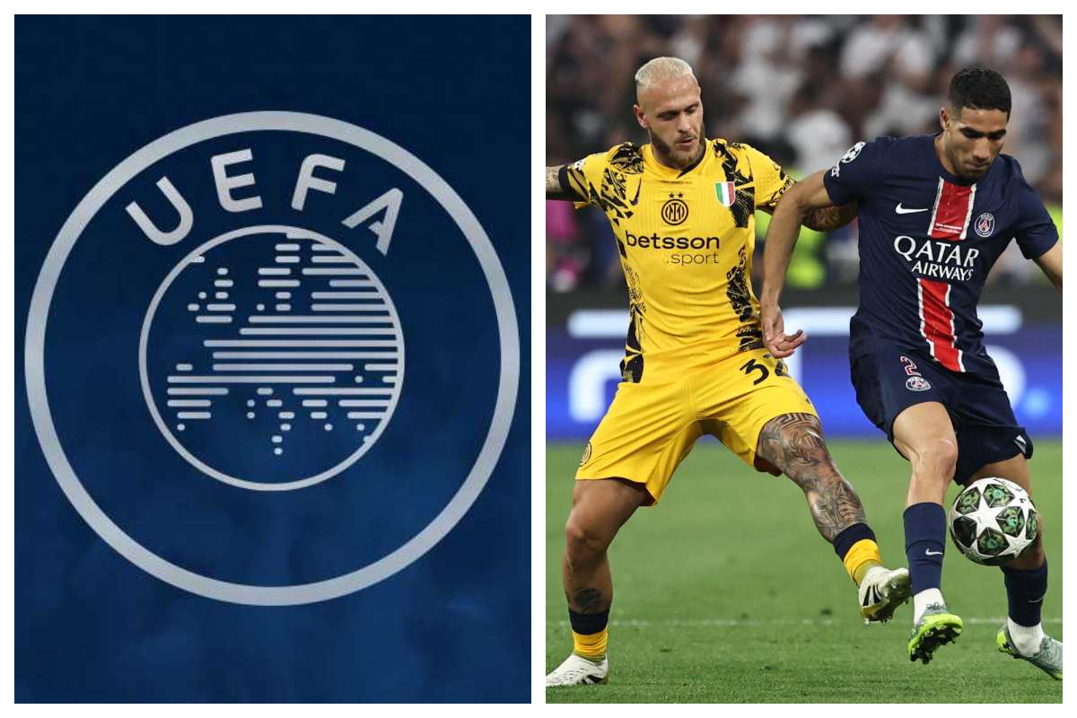 Logo UEFA e Dimarco in PSG-Inter