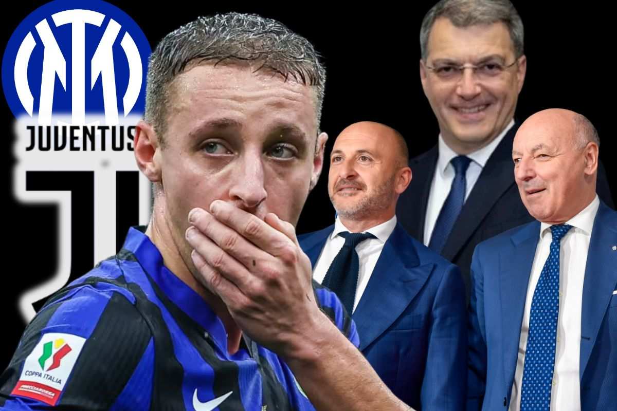 Frattesi coi loghi di Inter e Juve: Comolli e Marotta-Ausilio