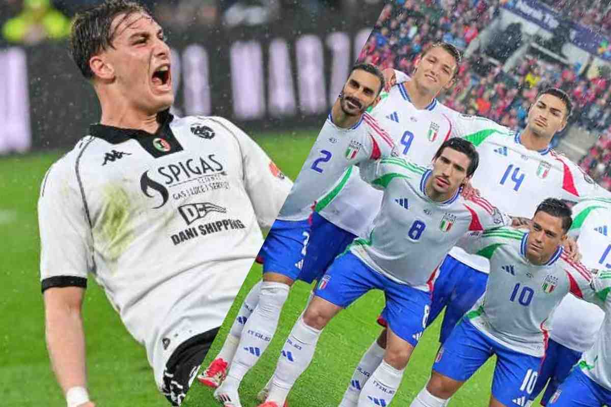 Pio Esposito e giocatori Nazionale in posa