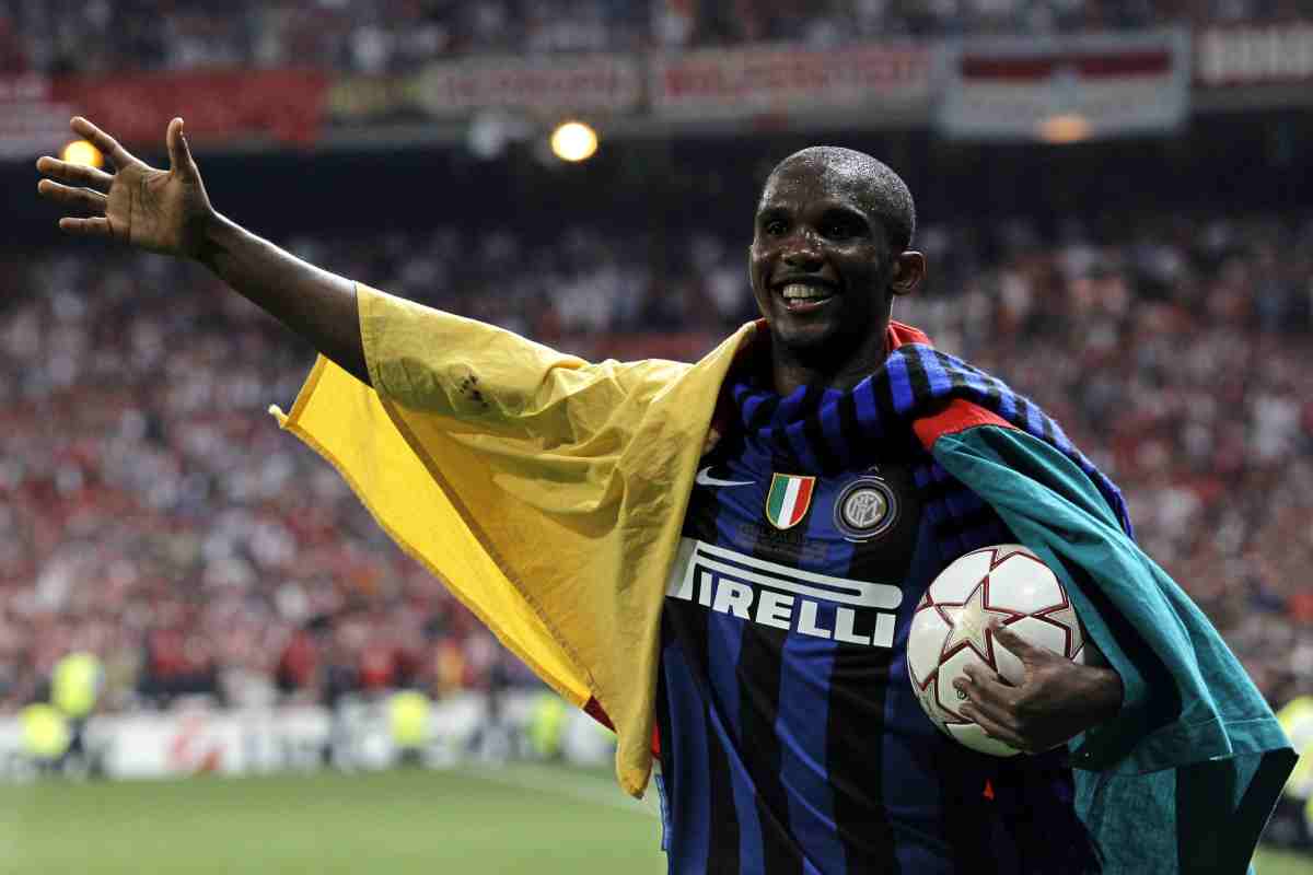 Eto'o festeggia la vittoria della Champions